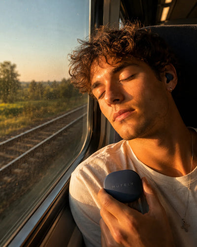 Voyageur appuyé contre la vitre d'un train avec étui CORE en main