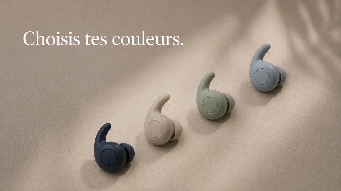 Bouchons d'oreilles sommeil MUTELY en quatre coloris : nuit, sable, sauge et brume